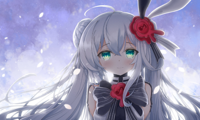 1girl ahoge black_neckwear bow bowtie commentary eighth_note eleanor_forte falling_petals furrowed_eyebrows hair_bun highres light_blush long_hair looking_at_viewer musical_note petals smile solo striped striped_neckwear synthesizer_v tilt_gyx twintails upper_body wax_seal wax_seal_hair_ornament white_hair