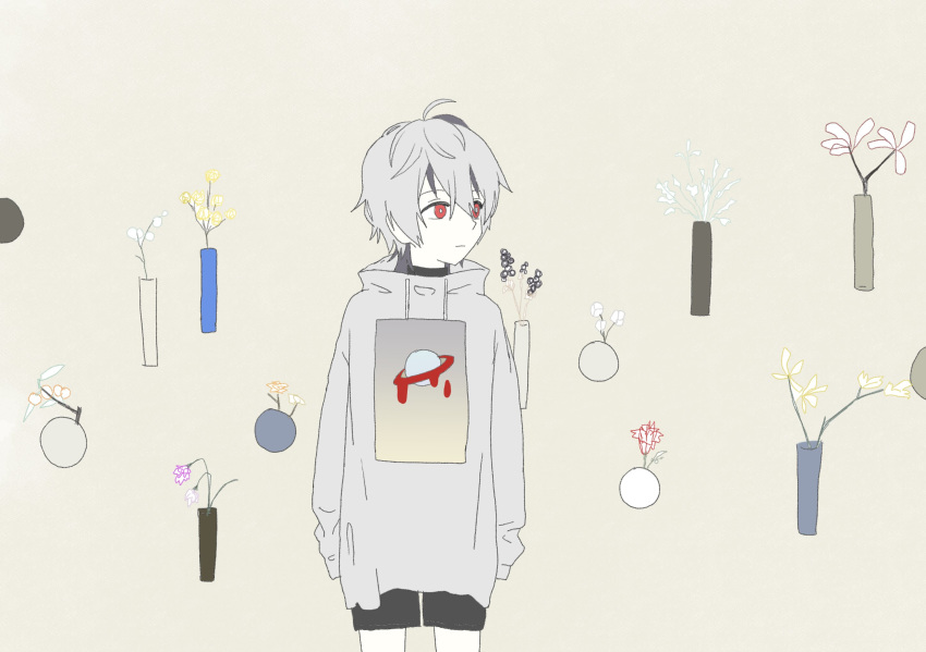 1girl androgynous beige_background black_shorts cowboy_shot drawstring expressionless flower flower_(vocaloid) grey_hair grey_hoodie highres hood hoodie looking_to_the_side red_eyes short_hair shorts sleeves_past_wrists solo standing torokeruanimal v_flower_(vocaloid4) vase vocaloid