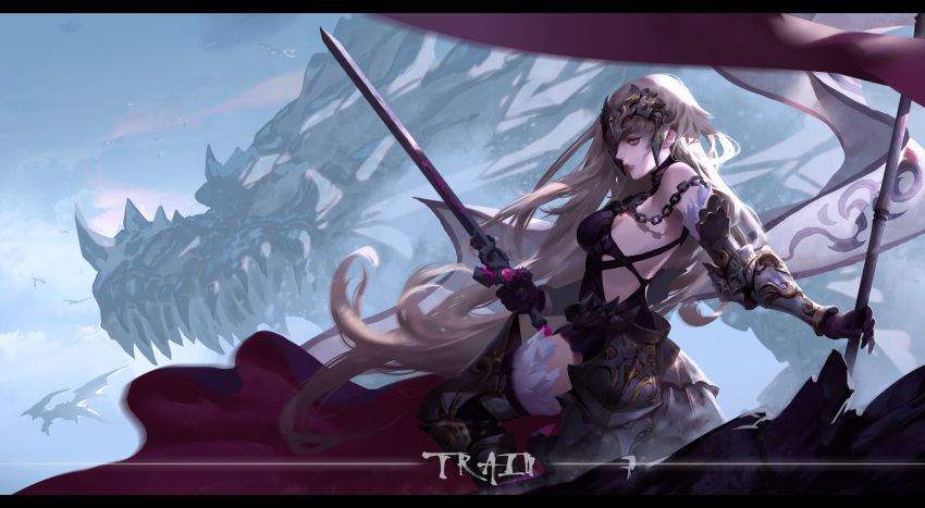 1girl absurdres armor armored_dress bangs bare_shoulders blue_sky breasts chain closed_mouth fate/grand_order fate_(series) faulds flag from_side gauntlets gloves headpiece highres holding holding_flag holding_sword holding_weapon jeanne_d'arc_(alter)_(fate) jeanne_d'arc_(fate)_(all) large_breasts long_hair silver_hair sky sword train_hb very_long_hair weapon yellow_eyes
