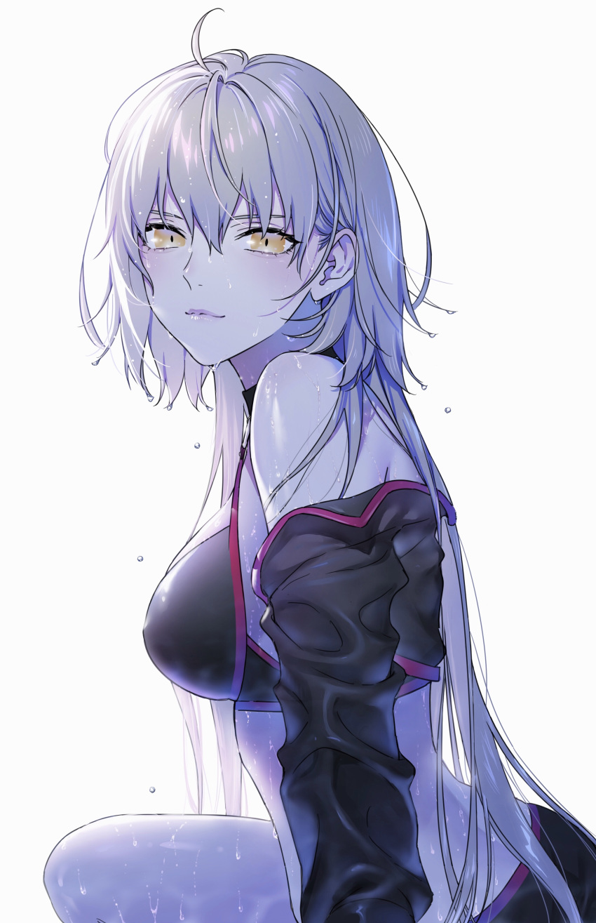 1girl absurdres ahoge bangs bare_shoulders bikini black_bikini black_choker black_jacket blush breasts choker cropped_jacket fate/grand_order fate_(series) highres jacket jeanne_d'arc_(alter_swimsuit_berserker) jeanne_d'arc_(fate)_(all) large_breasts long_hair long_sleeves looking_at_viewer nipi27 off_shoulder pale_skin shrug_(clothing) silver_hair simple_background smile swimsuit very_long_hair wet white_background yellow_eyes