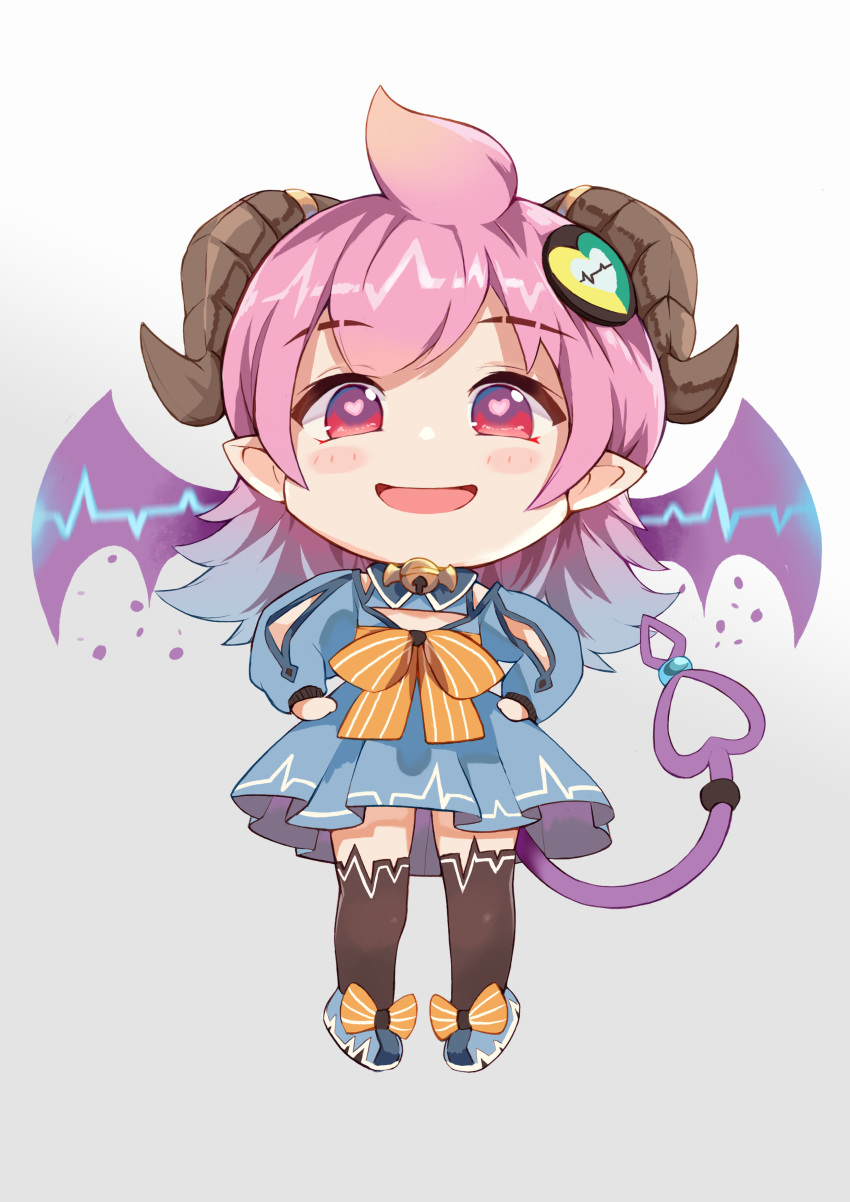 1girl :d absurdres bangs bell blue_dress blue_footwear blue_hair blush_stickers bow brown_bow brown_legwear collared_dress curled_horns demon_girl demon_horns demon_tail demon_wings dress eyebrows_visible_through_hair full_body gradient gradient_background gradient_hair grey_background hair_ornament hands_on_hips heart heart-shaped_pupils heart_monitor highres horns jingle_bell long_hair long_sleeves multicolored_hair open_mouth original piliheros2000 pink_hair pleated_dress pointy_ears puffy_long_sleeves puffy_sleeves purple_wings red_eyes shoes smile solo standing striped striped_bow symbol-shaped_pupils tail thigh-highs wings