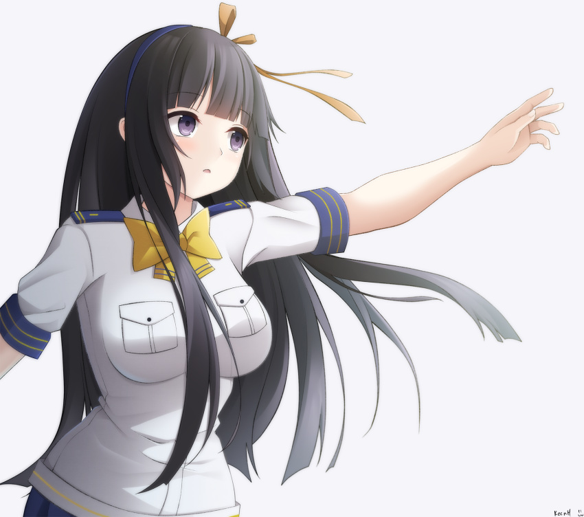1girl aoki_hagane_no_arpeggio bangs black_hair blue_hairband blue_skirt blunt_bangs blush bow breasts brown_bow collared_shirt commission eyebrows_visible_through_hair floating_hair grey_background hair_bow hairband highres keenh large_breasts long_hair looking_away outstretched_arm parted_lips pleated_skirt shirt short_sleeves signature simple_background skirt solo very_long_hair violet_eyes white_shirt yamato_(aoki_hagane_no_arpeggio) yellow_bow