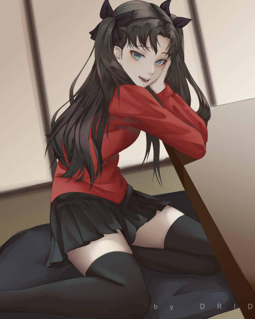 1girl bangs black_hair black_legwear black_ribbon black_skirt blue_eyes blush chin_rest drid fate/stay_night fate_(series) from_side hair_ribbon highres long_hair long_sleeves looking_at_viewer miniskirt open_mouth parted_bangs pleated_skirt red_shirt ribbon shirt skirt smile solo table thigh-highs toosaka_rin two_side_up