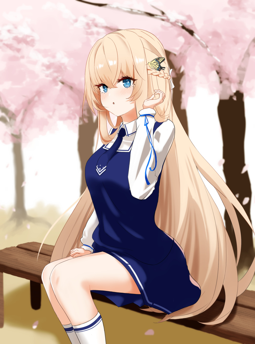 1girl artist_request azur_lane blonde_hair blue_eyes blue_neckwear blue_skirt blue_sweater_vest braid breasts butterfly_hair_ornament cherry_blossoms french_braid glorious_(azur_lane) glorious_(glorious_school_life)_(azur_lane) hair_ornament highres long_hair looking_at_viewer medium_breasts necktie sitting skirt socks solo tree uniform very_long_hair white_legwear