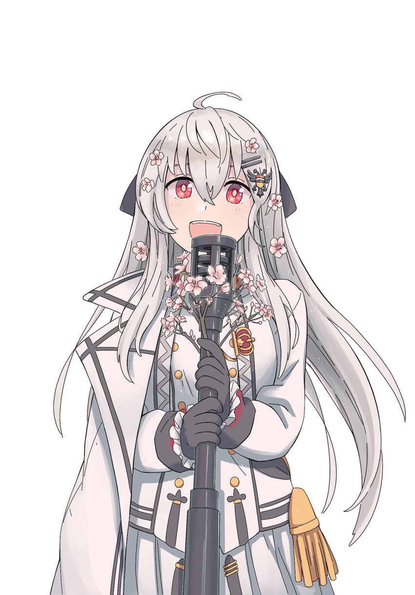 1girl ahoge black_gloves blush flower frills girls_frontline gloves grey_hair hair_between_eyes hair_flower hair_ornament hairclip highres holding holding_microphone_stand iws-2000_(girls_frontline) jacket jacket_on_shoulders microphone microphone_stand open_mouth pink_flower red_eyes simple_background solo tab_(tabkun) teeth upper_body white_background white_jacket