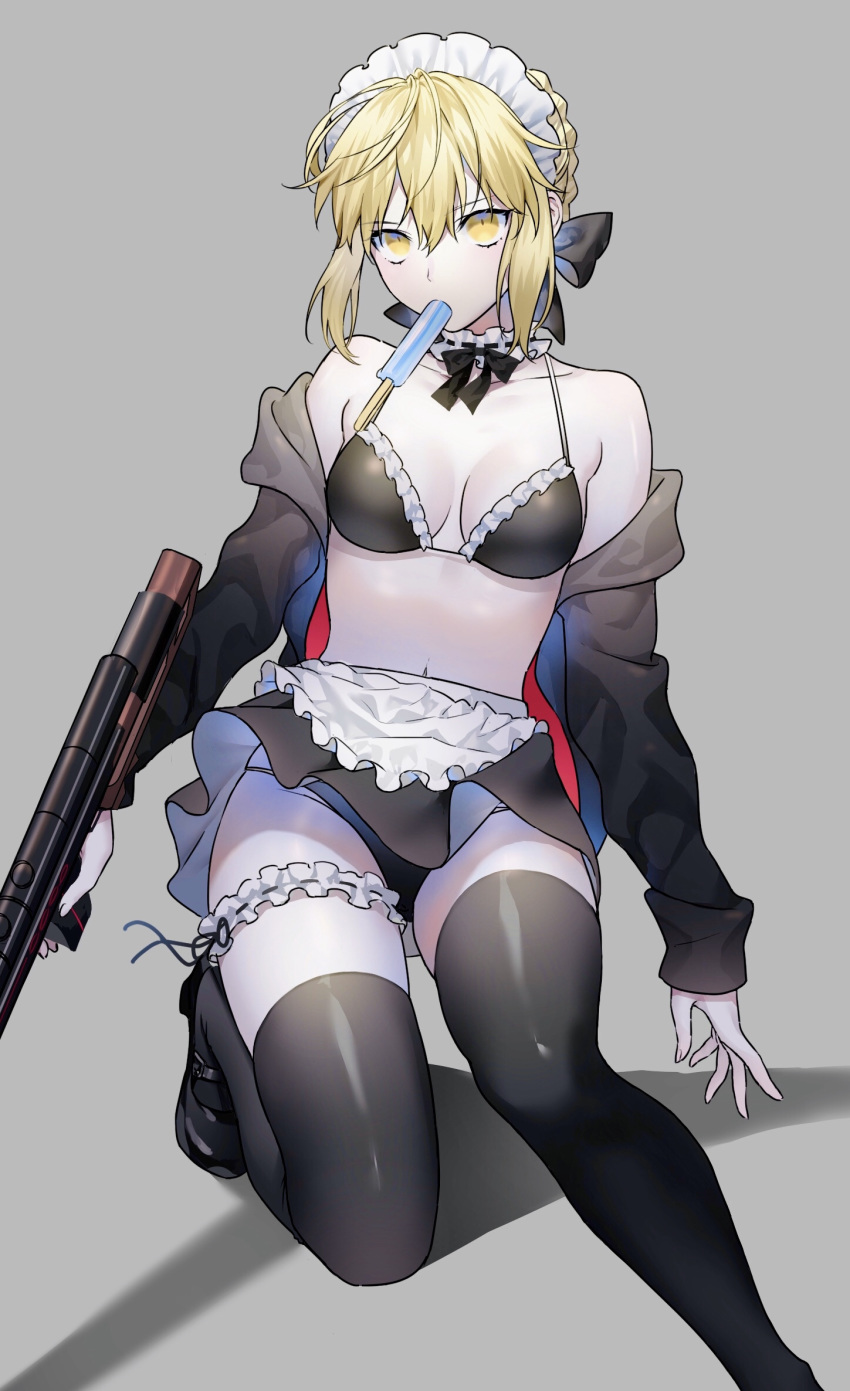 1girl apron artoria_pendragon_(all) artoria_pendragon_(swimsuit_rider_alter) bangs bare_shoulders bikini black_bikini black_bow black_jacket black_legwear black_skirt blonde_hair bow bowtie braid breasts fate/grand_order fate_(series) food french_braid frilled_bikini frills grey_background gun highres hood hoodie jacket leg_garter long_hair long_sleeves looking_at_viewer maid_bikini maid_headdress miniskirt mouth_hold navel nipi27 off_shoulder open_clothes open_hoodie open_jacket pale_skin popsicle sidelocks simple_background skirt swimsuit thigh-highs waist_apron weapon white_apron yellow_eyes