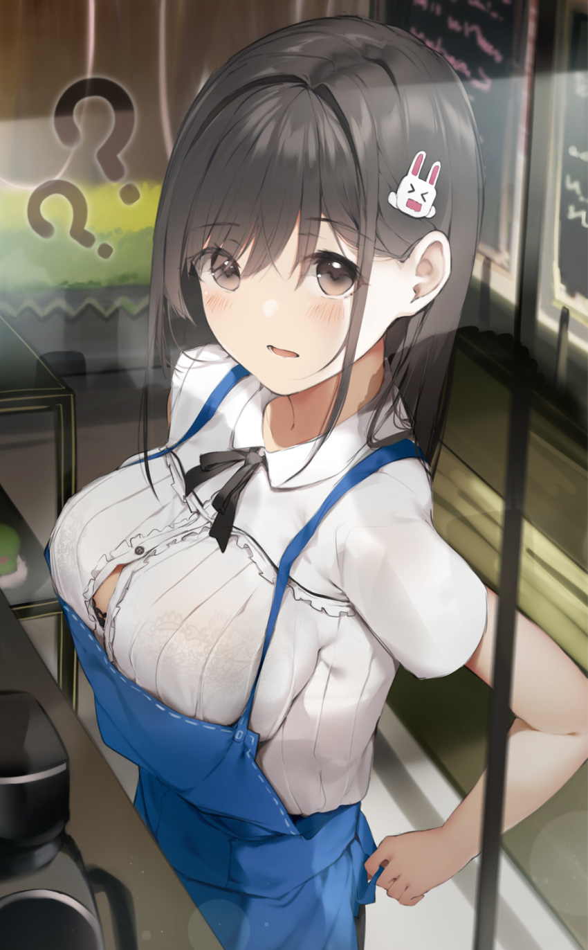 &gt;_&lt; 1girl ?? apron bangs black_hair blue_apron blush breasts brown_eyes bunny_hair_ornament button_gap center_frills commentary_request eyebrows_visible_through_hair frilled_shirt frills from_side hair_ornament highres lens_flare long_hair looking_at_viewer looking_to_the_side medium_breasts niii_(memstapak) original parted_lips shirt short_sleeves solo upper_body white_shirt