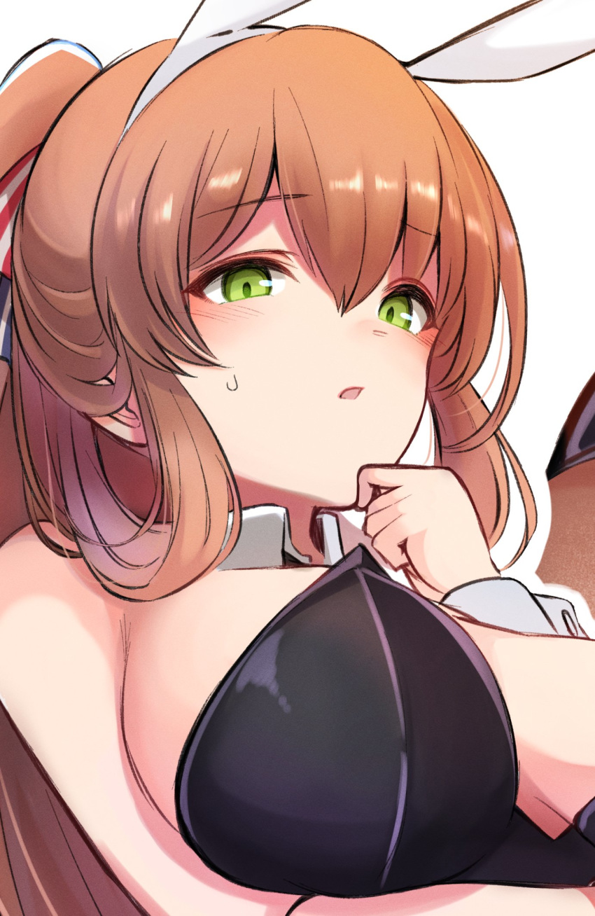 10eki_(tenchou) 1girl :o animal_ears bangs bare_shoulders black_leotard blush breasts brown_hair bunnysuit commentary_request detached_collar eyebrows_visible_through_hair girls_frontline green_eyes hair_rings hand_on_own_chin high_ponytail highres large_breasts leotard long_hair looking_at_viewer m1903_springfield_(girls_frontline) open_mouth parted_lips rabbit_ears solo strap_pull sweat wrist_cuffs