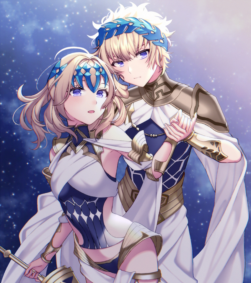 1boy 1girl armlet artist_request bangs bare_shoulders black_shirt blonde_hair blue_eyes blush bracer breasts brother_and_sister castor_(fate/grand_order) closed_mouth collar diadem fate/grand_order fate_(series) faulds halter_top halterneck highres holding_hands looking_at_viewer medium_hair metal_collar open_mouth pauldrons pollux_(fate/grand_order) shirt short_hair siblings sky small_breasts star_(sky) starry_sky sword twins weapon white_robe