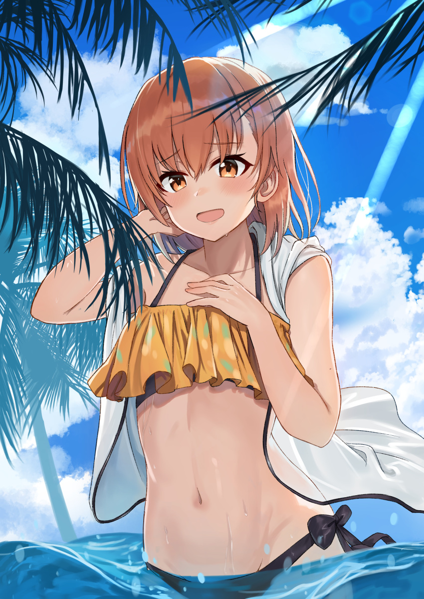 1girl :d absurdres arm_up bare_shoulders bikini black_bikini brown_hair clouds collarbone day hand_on_own_chest highres jacket jjeono looking_at_viewer misaka_mikoto mismatched_bikini navel off_shoulder open_mouth orange_bikini orange_eyes outdoors short_hair smile solo stomach swimsuit to_aru_kagaku_no_railgun to_aru_majutsu_no_index wading water white_jacket