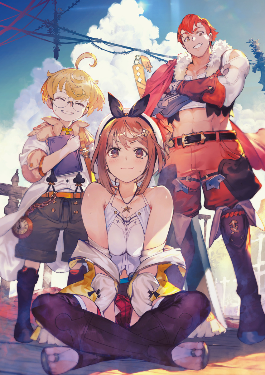 1girl 2boys atelier_(series) atelier_ryza bare_shoulders blonde_hair braid brown_eyes brown_hair closed_eyes clouds glasses hair_ornament hair_ribbon hairclip hat highres hooded_vest indian_style jewelry lent_marslink long_hair looking_at_viewer multiple_boys necklace official_art outdoors pantyhose red_shorts redhead reisalin_stout ribbon short_hair short_shorts shorts shoulder_armor sitting suspenders tao_mongarten thigh-highs toeless_legwear toridamono