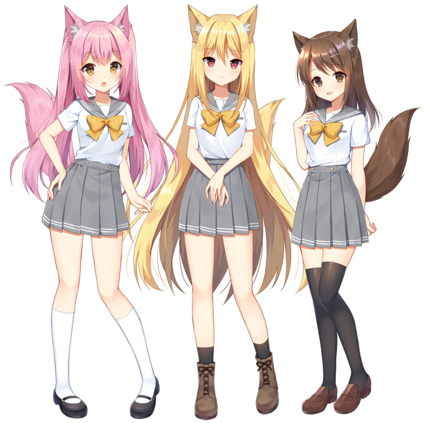 3girls :d animal_ear_fluff animal_ears bangs black_legwear blonde_hair blush boots bow brown_bow brown_eyes brown_footwear brown_hair closed_mouth commentary_request eyebrows_visible_through_hair grey_sailor_collar grey_skirt hair_between_eyes hand_on_hip hands_together kneehighs loafers long_hair mary_janes mauve multiple_girls open_mouth original own_hands_together pink_hair pleated_skirt red_eyes sailor_collar school_uniform serafuku shirt shoes short_sleeves simple_background skirt smile socks standing tail tail_raised thigh-highs twintails very_long_hair white_background white_legwear white_shirt wolf_ears wolf_girl wolf_tail