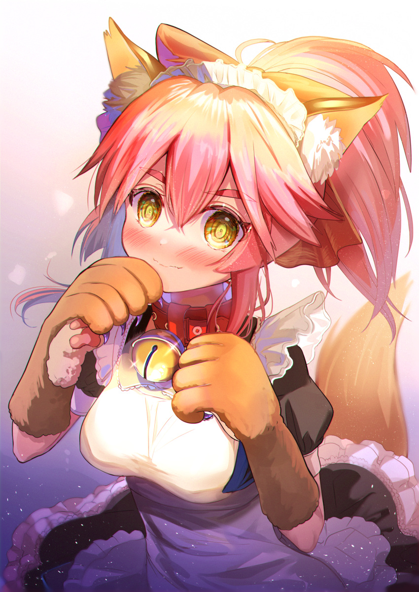 1girl absurdres alternate_costume animal_ear_fluff animal_ears bell bell_collar blush breasts cat_paws collar commentary commentary_request embarrassed enmaided eyebrows_visible_through_hair fate/grand_order fate_(series) fox_ears fox_girl fox_tail gloves hair_ribbon highres huge_filesize izumi_asayo jingle_bell large_breasts long_hair looking_at_viewer maid paw_gloves paws pink_hair ponytail red_ribbon ribbon solo tail tamamo_(fate)_(all) tamamo_cat_(fate) wavy_mouth yellow_eyes