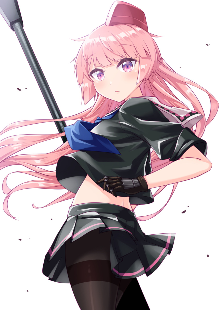 1girl anti-materiel_rifle black_gloves black_legwear black_shirt black_skirt blue_neckwear commentary_request floating_hair garrison_cap girls_frontline gloves gun haradaiko_(arata_himeko) hat highres long_hair looking_at_viewer looking_to_the_side mini_hat ntw-20 ntw-20_(girls_frontline) object_namesake pantyhose parted_lips pink_hair pleated_skirt red_headwear rifle shirt short_sleeves simple_background skirt sniper_rifle solo thighband_pantyhose very_long_hair violet_eyes weapon white_background