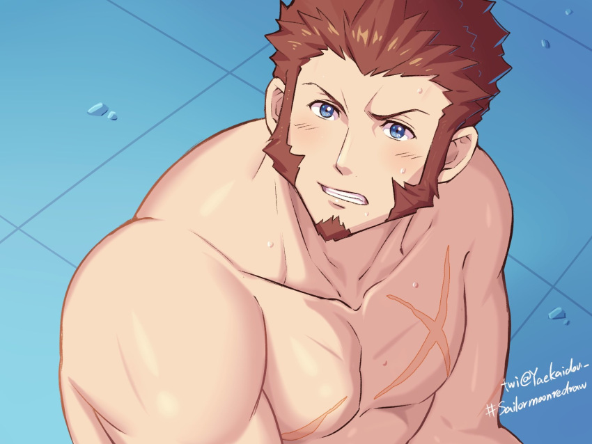 1boy bara bare_arms bare_shoulders beard bishoujo_senshi_sailor_moon blue_eyes blush brown_hair chest derivative_work facial_hair fate/grand_order fate_(series) goatee highres looking_at_viewer male_focus manly meme muscle napoleon_bonaparte_(fate/grand_order) no_nipples pectorals sailor_moon_redraw_challenge scar screencap_redraw shirtless sideburns simple_background sitting solo sparkling_eyes sweatdrop yaosan233