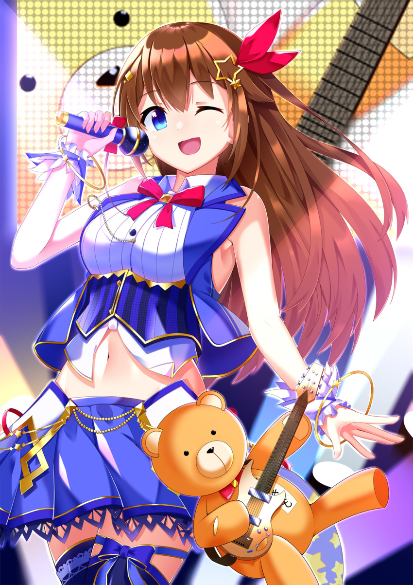 1girl ankimo_(tokino_sora_channel) armpit_peek breasts brown_hair guitar hair_ornament highres hololive instrument long_hair microphone midriff navel one_eye_closed solo stuffed_animal stuffed_toy teddy_bear thigh-highs tokino_sora tokino_sora_channel virtual_youtuber