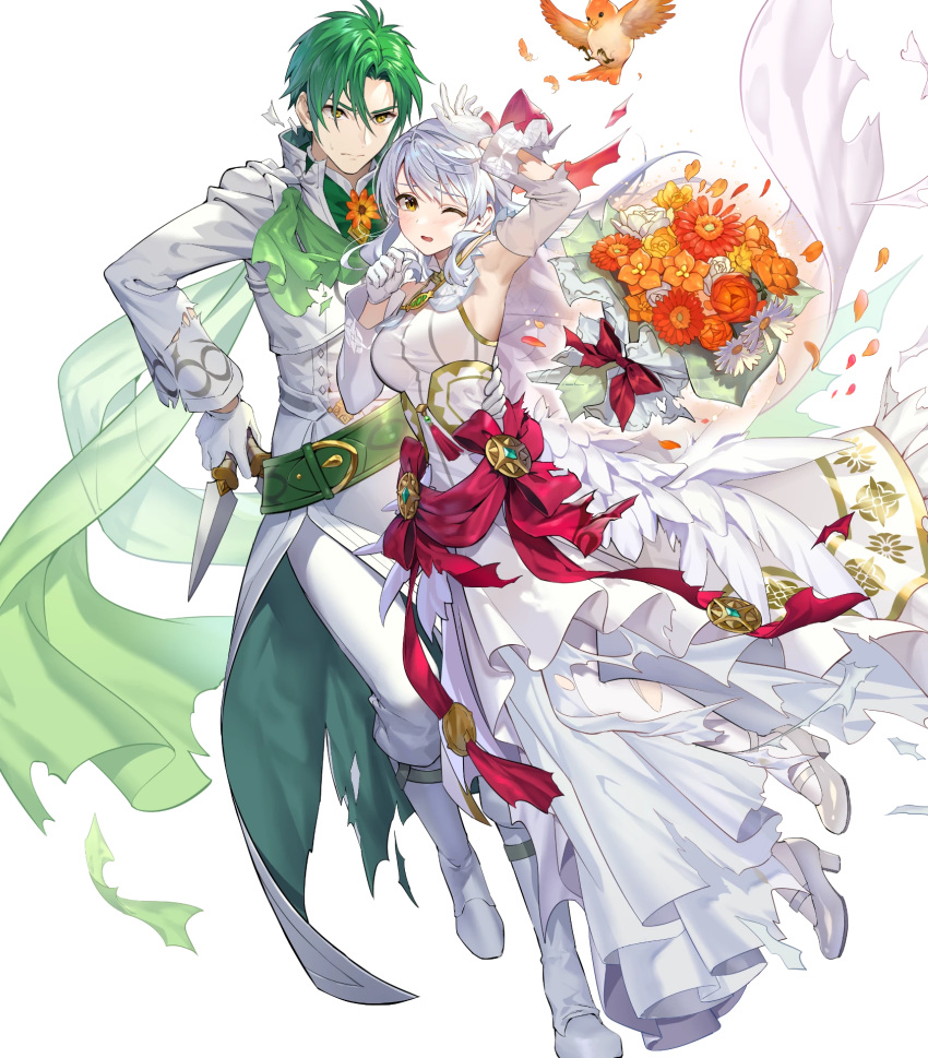 1boy 1girl alternate_costume bird bouquet bow cape crossed_arms dress feathered_wings feathers fire_emblem fire_emblem:_radiant_dawn fire_emblem_heroes flower full_body gloves green_hair grey_hair highres leaf long_hair micaiah_(fire_emblem) official_art one_eye_closed open_mouth sothe_(fire_emblem) teffish torn_clothes transparent_background veil wings yellow_eyes yune_(fire_emblem)