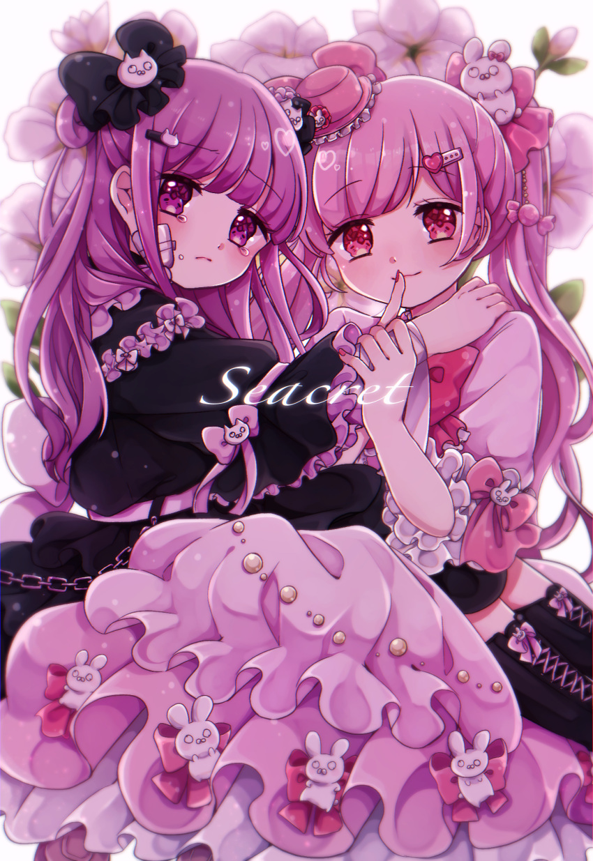 2girls bandage_on_face bangs black_bow black_dress blunt_bangs bow bunny_hair_ornament commentary_request dress frills gothic_lolita hair_bow hair_ornament hairclip half_updo hand_on_another's_arm hand_on_another's_shoulder hat highres lolita_fashion long_hair looking_at_viewer mini_hat mini_top_hat multiple_girls original pink_hair pink_nails purple_hair red_eyes shiro_nori00 smile tearing_up top_hat twintails violet_eyes wide_sleeves yami_kawaii