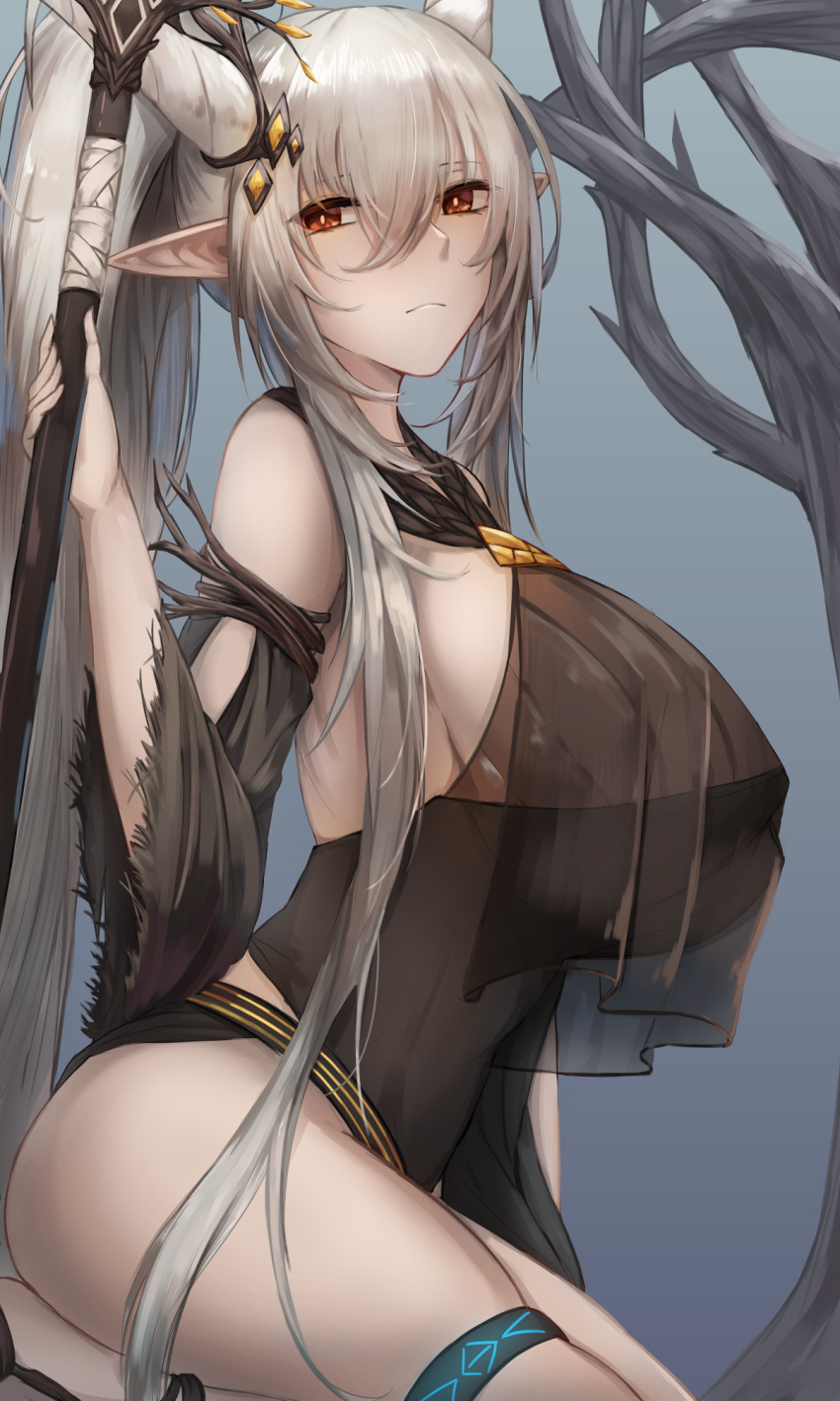 1girl alternate_breast_size arknights bangs bare_shoulders blue_background breasts brown_eyes commentary detached_sleeves hair_between_eyes highres holding holding_staff horns huge_breasts long_hair long_ponytail long_sleeves looking_at_viewer ponytail shining_(arknights) silver_hair solo staff thigh_strap thighs uchisukui very_long_hair