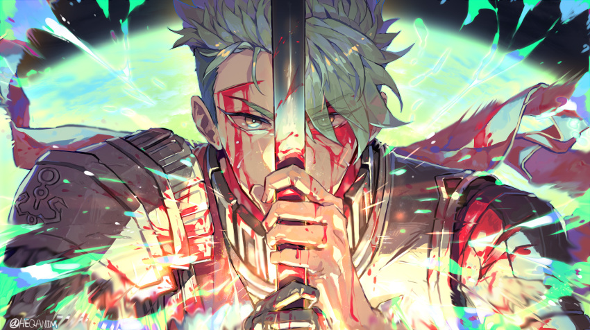 1boy achilles_(fate) armor bangs bleeding blood blood_on_face bloody_hands cape close-up covered_mouth eyebrows_visible_through_hair eyes_visible_through_hair fate/apocrypha fate/grand_order fate_(series) fighting_stance gauntlets gradient gradient_background gradient_eyes gradient_hair green_hair hair_between_eyes heqanim highres holding holding_weapon injury leather light long_sleeves looking_at_viewer male_focus metal multicolored multicolored_eyes multicolored_hair one_eye_covered polearm sash single_gauntlet upper_body weapon yellow_eyes