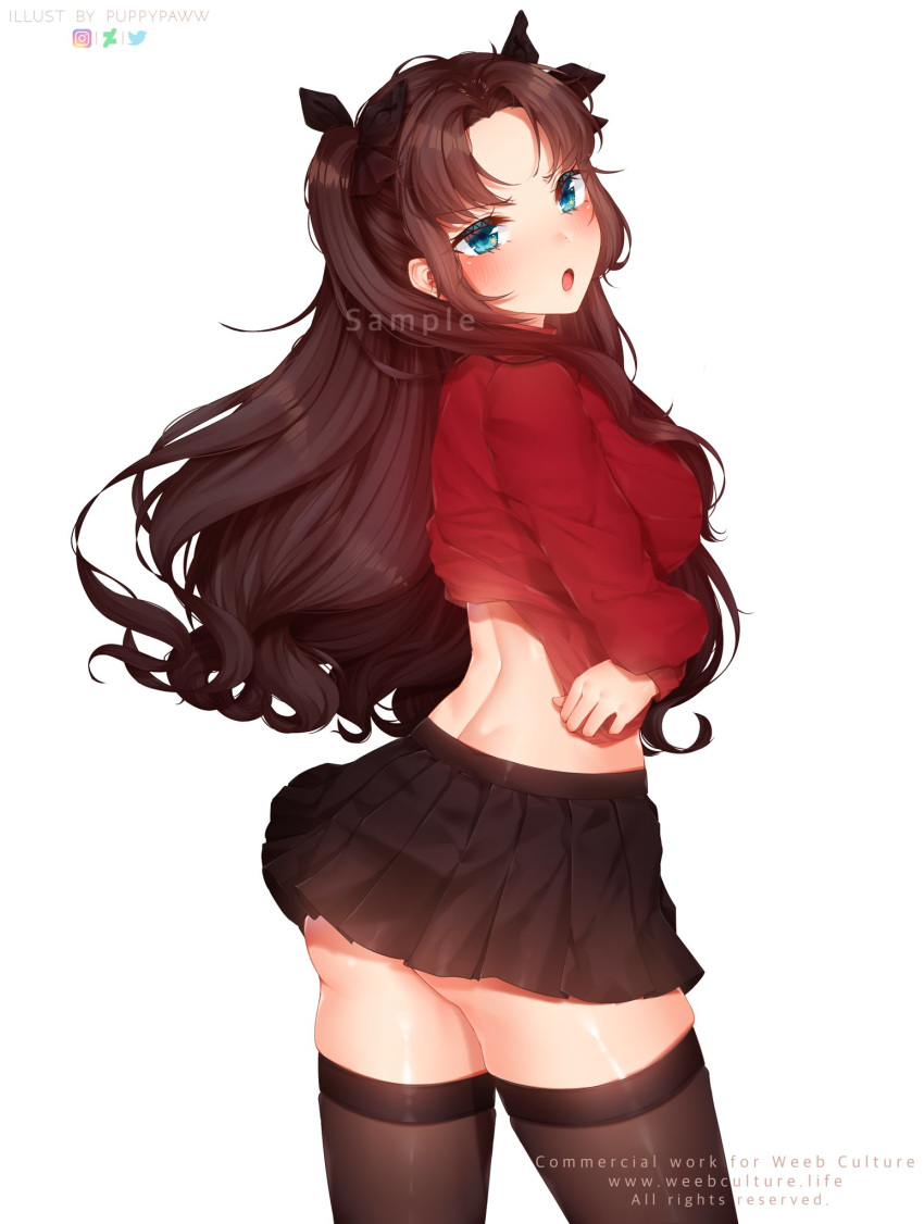 1girl artist_name ass bangs black_hair black_legwear black_skirt blue_eyes breasts commentary commission deviantart_logo fate/stay_night fate_(series) highres instagram_logo large_breasts long_hair long_sleeves looking_at_viewer open_mouth puppypaww ribbon sample shirt_lift simple_background skirt solo thigh-highs toosaka_rin twitter_logo two_side_up watermark web_address white_background