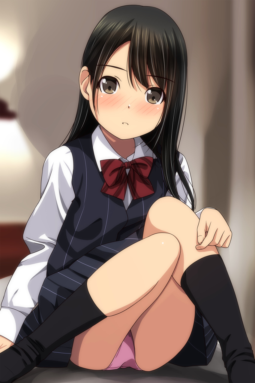 1girl absurdres bangs bed black_hair black_legwear black_skirt black_vest blurry blurry_background blush bow brown_eyes collared_shirt depth_of_field diagonal_stripes eyebrows_visible_through_hair hair_between_eyes highres indoors knees_up long_hair long_sleeves looking_at_viewer matsunaga_kouyou no_shoes nose_blush on_bed original panties parted_lips pink_panties pleated_skirt red_bow school_uniform shirt sitting skirt socks solo striped striped_bow striped_vest underwear vertical-striped_skirt vertical-striped_vest vertical_stripes vest white_shirt