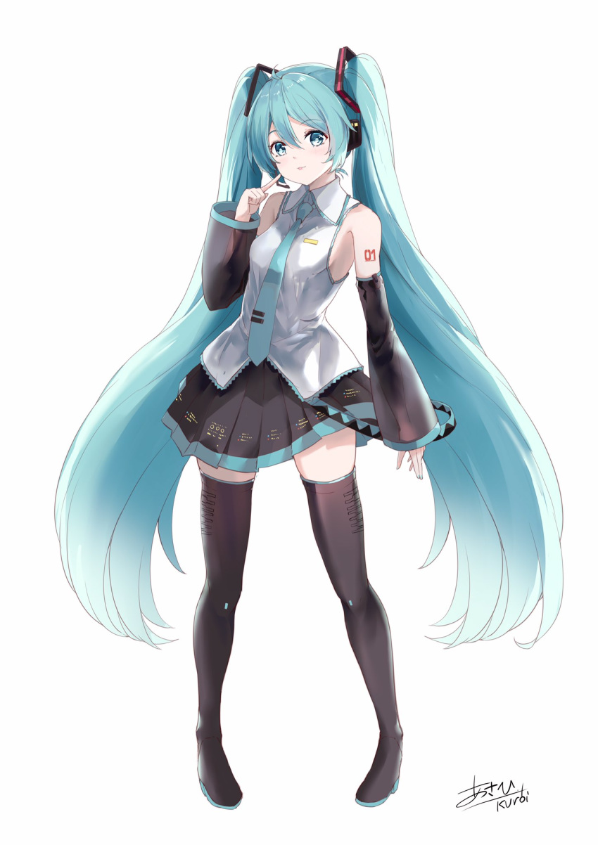 1girl :p aqua_eyes aqua_hair aqua_nails aqua_neckwear bare_shoulders belt black_legwear black_skirt black_sleeves boots commentary contrapposto derivative_work detached_sleeves finger_to_cheek full_body grey_shirt hair_ornament hand_up hatsune_miku headphones headset highres index_finger_raised k.syo.e+ long_hair looking_at_viewer miniskirt nail_polish necktie pleated_skirt shirt shoulder_tattoo signature skirt sleeveless sleeveless_shirt sleeves_past_wrists smile standing tattoo thigh-highs thigh_boots tongue tongue_out twintails very_long_hair vocaloid vocaloid_boxart_pose zettai_ryouiki