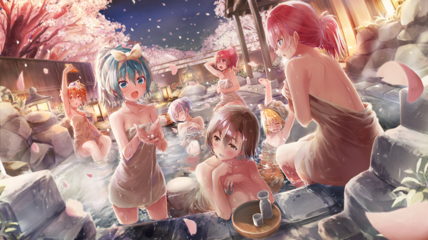 6+girls absurdres ahoge akita_neru aqua_eyes aqua_hair arm_up arms_up blonde_hair bottle bow breasts brown_eyes brown_hair cellphone cherry_blossoms closed_eyes commentary cup daidou_(demitasse) falling_petals flat_chest grin hair_bow hatsune_miku highres holding holding_cup holding_petal holding_phone holding_towel holding_water kagamine_rin kasane_teto lamp large_breasts light_blush long_hair looking_at_another megurine_luka meiko multiple_girls naked_towel night onsen open_mouth outdoors outstretched_arm outstretched_arms phone pink_hair ponytail redhead sake_bottle scenery short_hair side_ponytail smartphone smile standing stone stretch towel utau vocaloid wading white_hair yellow_eyes yowane_haku