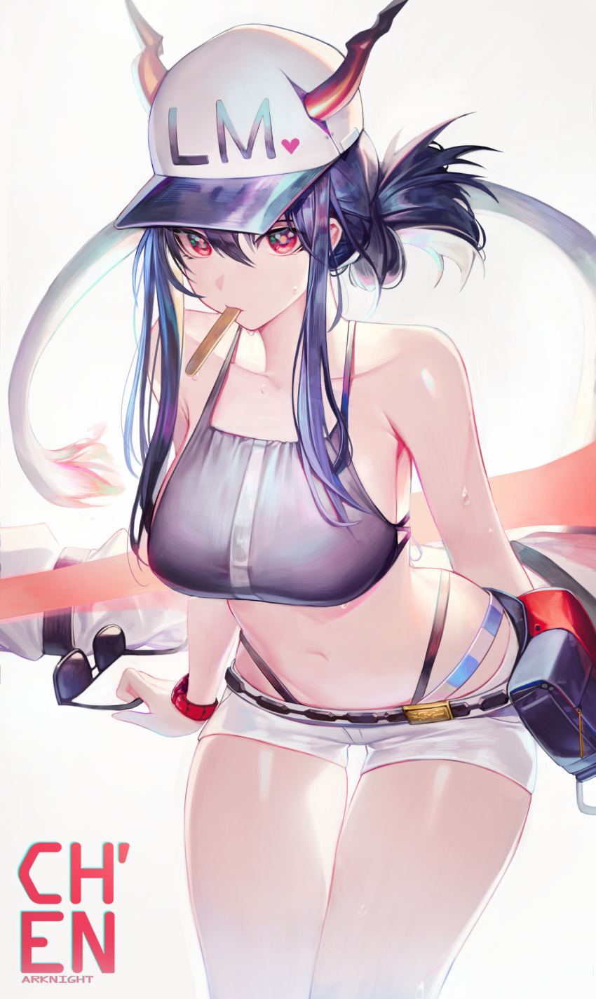 1girl absurdres arknights bangs bare_shoulders baseball_cap belt bikini black_bikini blue_hair breasts ch'en_(arknights) character_name chyan commentary_request copyright_name cowboy_shot dragon_horns eyewear_removed folded_ponytail grey_background hair_between_eyes hat heart highres horns korean_commentary large_breasts long_hair looking_at_viewer mouth_hold navel pouch red_eyes short_shorts shorts sidelocks simple_background solo stomach sunglasses swimsuit thighs white_shorts