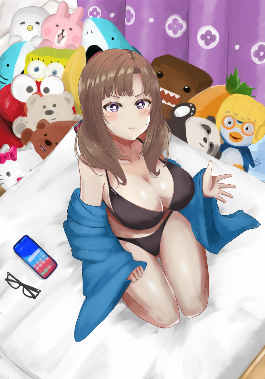 absurdres bed black_panties breasts brown_hair highres large_breasts lingerie oosuki_mamako panties pout pouty_lips spongebob_squarepants stuffed_animal stuffed_toy teddy_bear tsuujou_kougeki_ga_zentai_kougeki_de_ni-kai_kougeki_no_okaasan_wa_suki_desu_ka? underwear violet_eyes