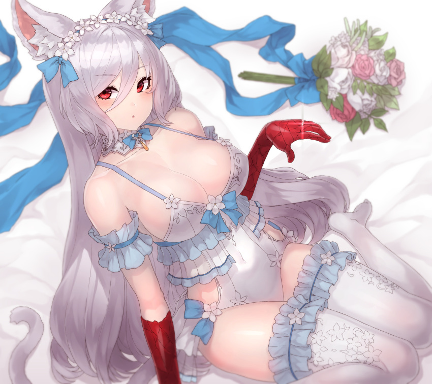 :o animal_ear_fluff blush bouquet breasts cleavage collarbone commentary_request elbow_gloves eyebrows_visible_through_hair flower frills hair_between_eyes huge_breasts king's_raid kirze looking_at_viewer open_mouth red_eyes red_gloves thigh-highs very_long_hair white_hair white_legwear yu_mochi_(kamiinu)