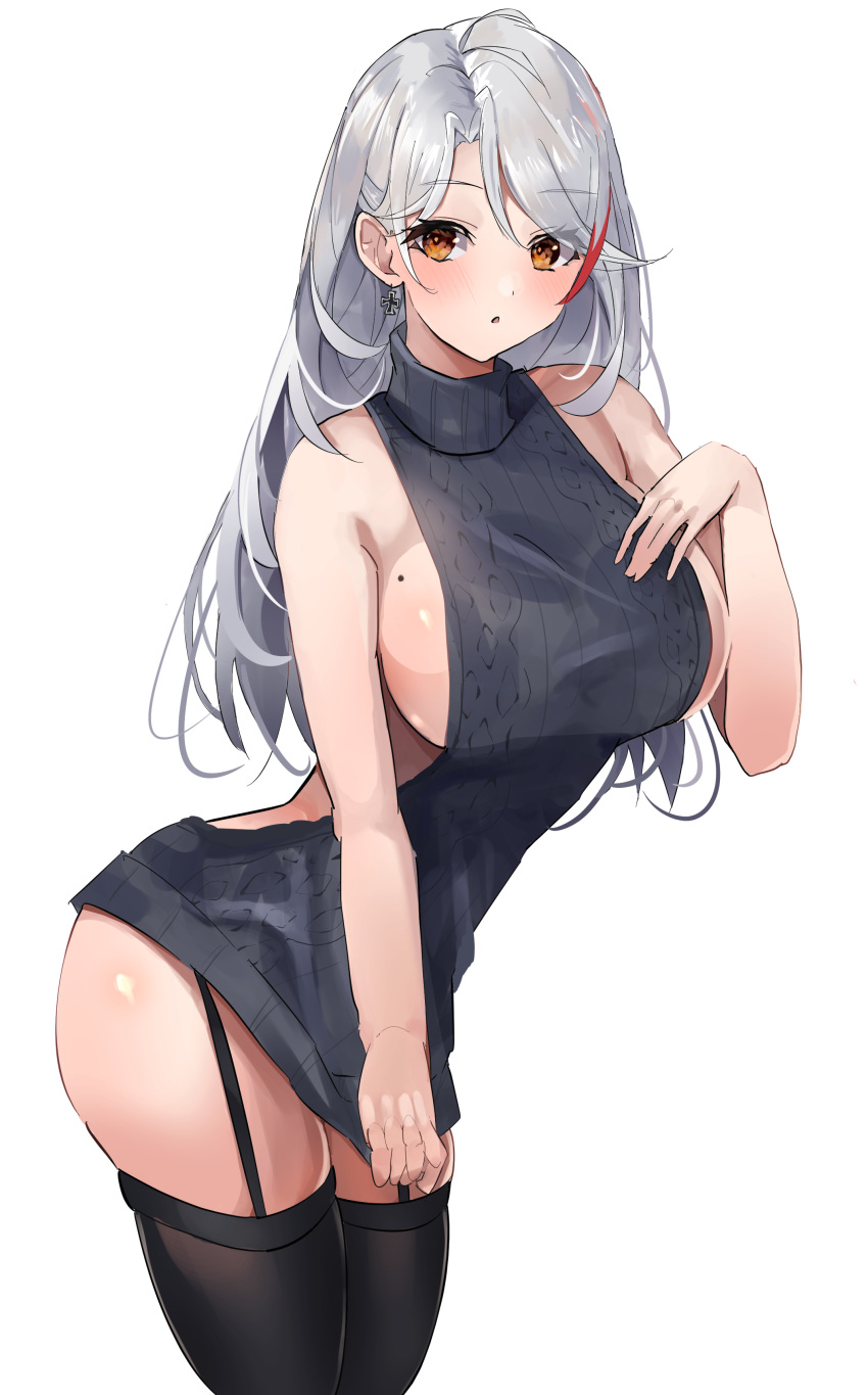 1girl absurdres alternate_costume alternate_hairstyle antenna_hair azur_lane black_legwear black_sweater blush breasts cross cross_earrings dress earrings ekaki_no_mime eyebrows_visible_through_hair garter_straps hair_between_eyes highres jewelry large_breasts long_hair looking_at_viewer meme_attire mole mole_on_breast multicolored_hair prinz_eugen_(azur_lane) redhead silver_hair simple_background smile solo streaked_hair sweater sweater_dress thigh-highs turtleneck turtleneck_sweater very_long_hair virgin_killer_sweater white_background