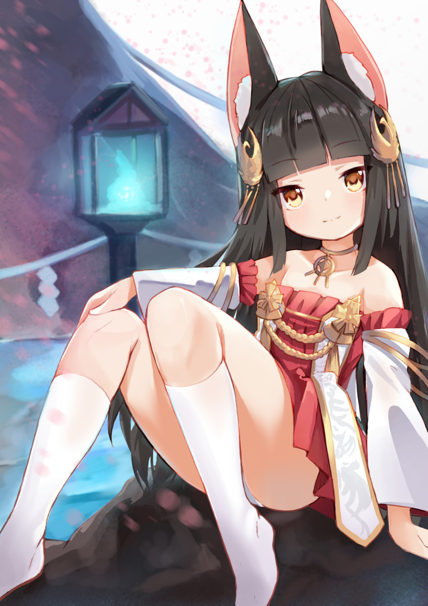 1girl absurdres animal_ear_fluff animal_ears azur_lane bangs black_hair blunt_bangs brown_eyes closed_mouth collarbone commentary_request detached_sleeves dress eyebrows_visible_through_hair fox_ears hair_ornament hand_on_own_knee highres kneehighs knees_up lantern long_sleeves looking_at_viewer nagato_(azur_lane) no_shoes panties piliheros2000 pleated_dress red_dress sitting smile solo strapless strapless_dress underwear white_legwear white_panties white_sleeves wide_sleeves