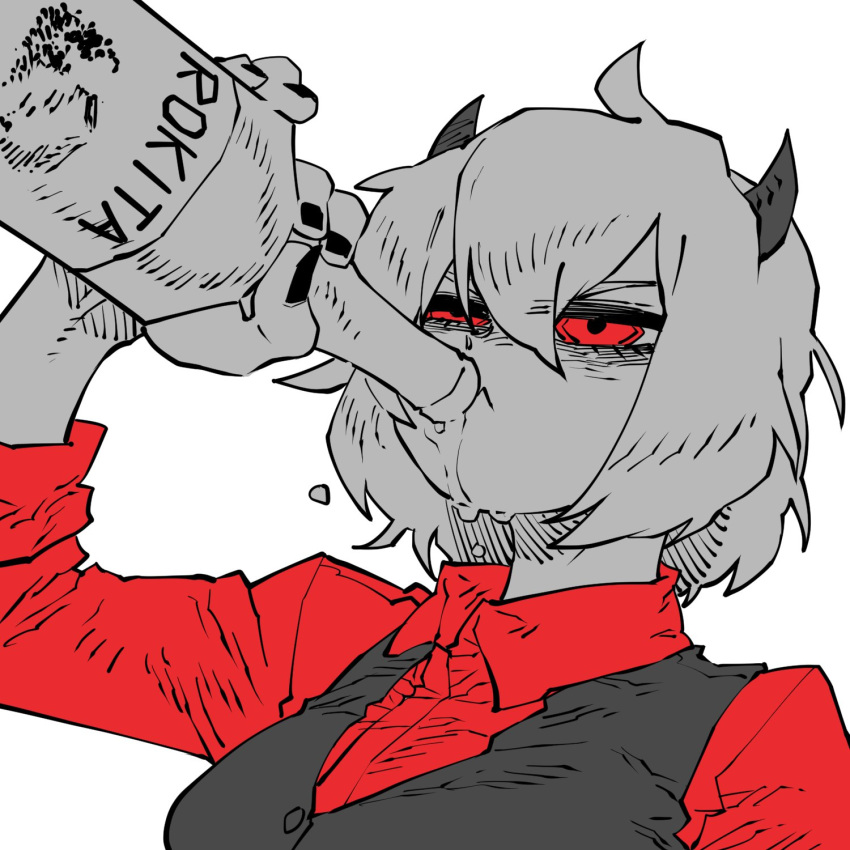 1girl alcohol black_nails black_vest bottle demon_girl demon_horns dress_shirt drinking fingernails helltaker highres horns idohj12 malina_(helltaker) partially_colored red_eyes red_shirt shirt solo uneven_eyes upper_body vest waistcoat white_background