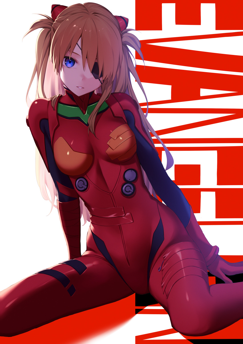 1girl absurdres bangs black_eyepatch blue_eyes bodysuit breasts brown_hair commentary copyright_name eyepatch fifty1202 gloves hair_ornament highres huge_filesize large_breasts long_hair looking_at_viewer neon_genesis_evangelion orange_hair pilot_suit plugsuit red_bodysuit smile solo souryuu_asuka_langley turtleneck two_side_up