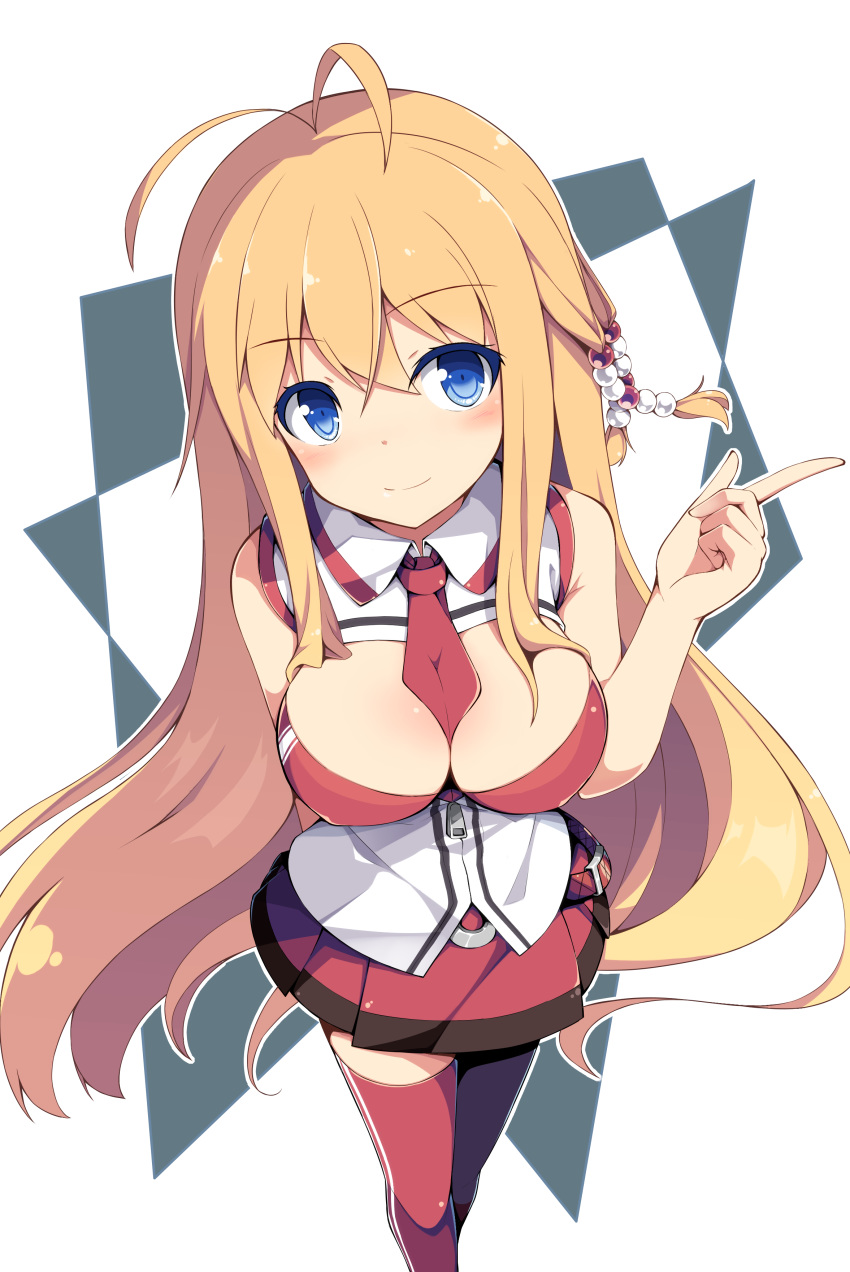 1girl absurdres antenna_hair beads between_breasts blonde_hair blue_eyes blush breasts closed_mouth eyebrows_visible_through_hair hair_beads hair_ornament highres leaning_forward long_hair looking_at_viewer masaki_(machisora) medium_breasts necktie necktie_between_breasts red_neckwear red_skirt short_necktie simple_background skirt smile solo star thigh-highs tsurumaki_maki voiceroid white_background