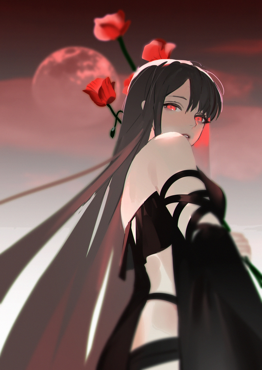 1girl absurdres back bangs bare_shoulders black_dress black_hair breasts consort_yu_(fate) dress fate/grand_order fate_(series) flower full_moon highres huge_filesize long_hair looking_at_viewer medium_breasts moon parted_lips red_eyes red_sky scupid sky strapless strapless_dress very_long_hair