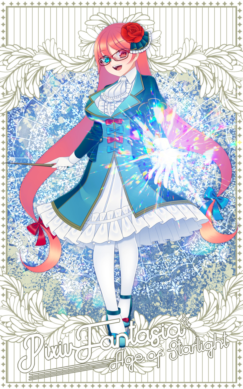 1girl :d blue_eyes blue_footwear copyright_name flower frills full_body gloves hair_flower hair_ornament heterochromia highres isaiah_(pixiv_fantasia_age_of_starlight) long_hair long_sleeves looking_at_viewer magic open_mouth pantyhose pink_hair pixiv_fantasia pixiv_fantasia_age_of_starlight red-framed_eyewear red_eyes smile solo standing vivid_bbdan wand white_gloves white_legwear