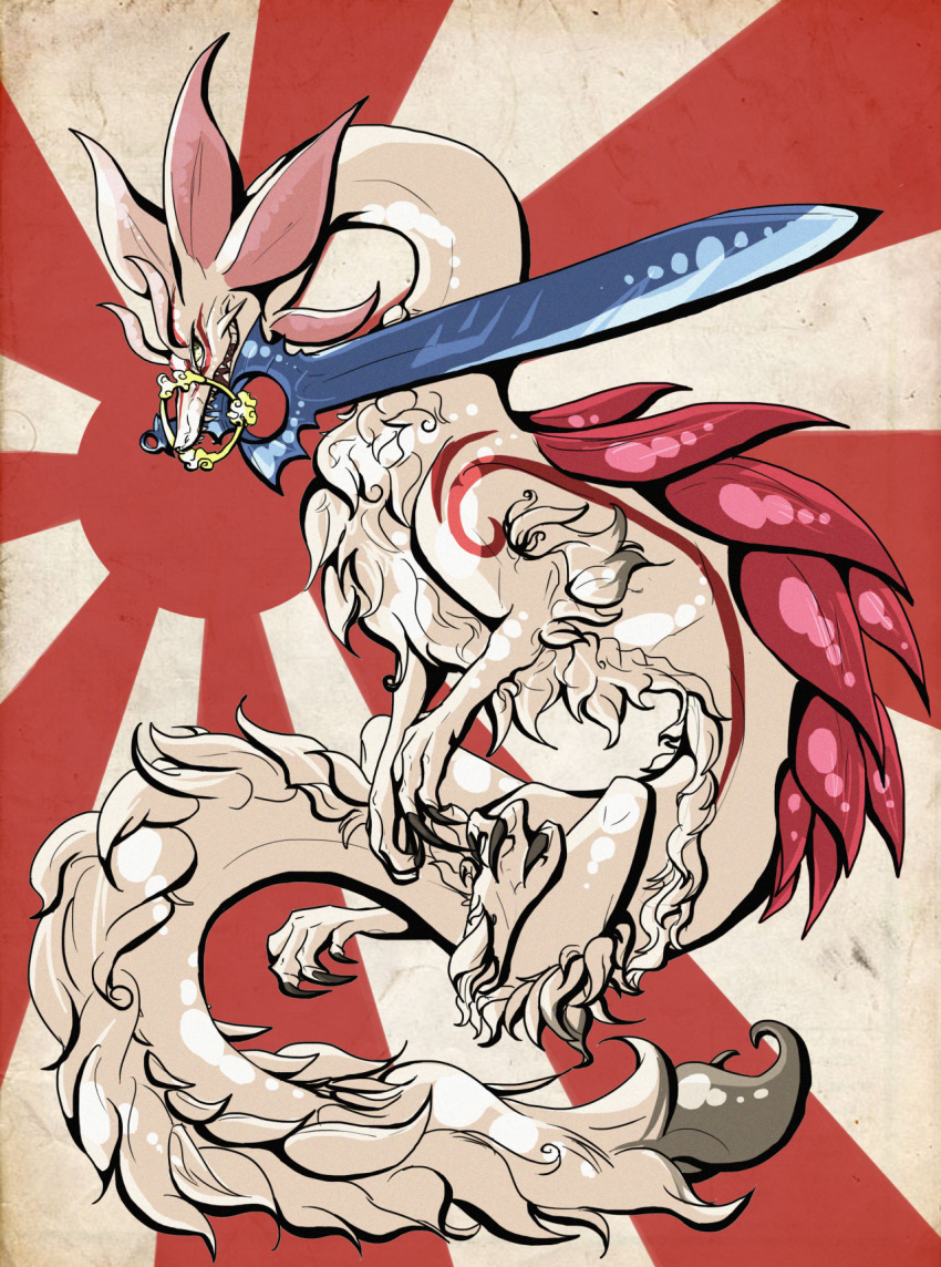 amaterasu capcom claws company_connection dragon egocider fur fusion glaive highres holding holding_weapon huge_weapon long_neck long_tail making-of_available mizutsune monster_hunter monster_hunter_x mouth_hold no_humans ookami_(game) rising_sun solo sunburst sword tail weapon