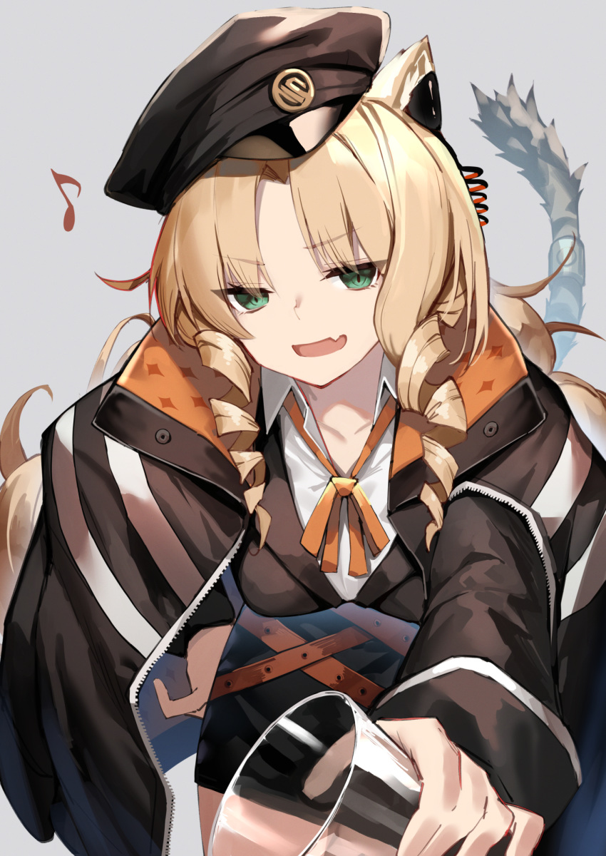 1girl :d animal_ears arknights black_headwear black_jacket blazer blonde_hair breasts collared_shirt cup drill_hair drinking_glass fang green_eyes hat highres holding jacket lion_ears lion_girl lion_tail long_hair long_sleeves looking_at_viewer medium_breasts musical_note neck_ribbon open_clothes open_jacket open_mouth peaked_cap ribbon shirt smile solo swire_(arknights) tail tail_raised tilted_headwear twin_drills undershirt white_shirt yuuuuu