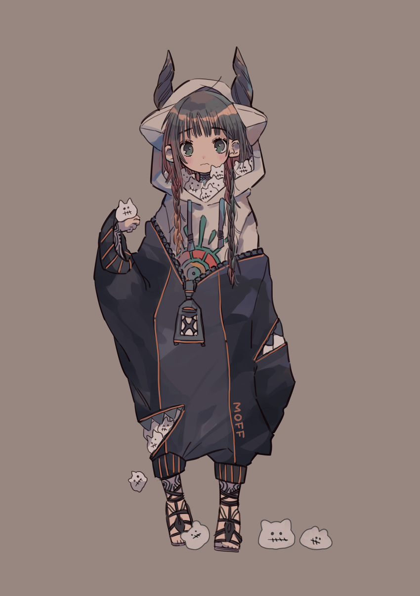 1girl baggy_clothes brown_background brown_hair clothing_request commentary_request copyright_request frown green_eyes highres hood hoodie horns jikuno long_hair looking_at_viewer shoes simple_background solo tagme twintails zipper
