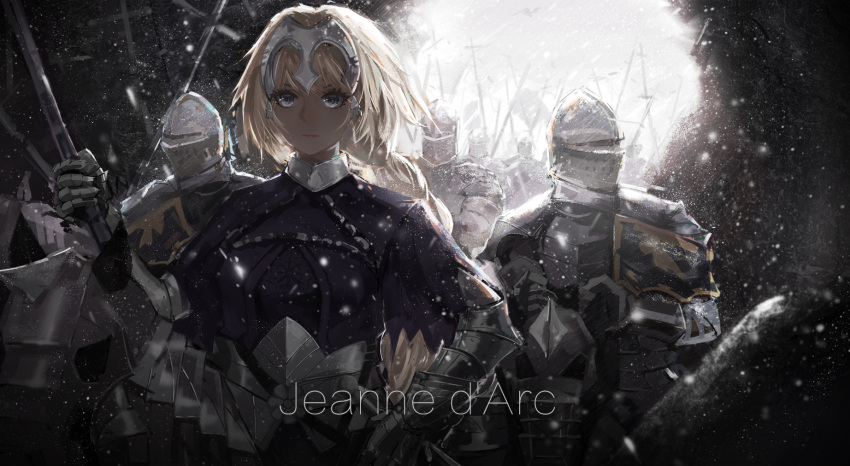 1girl bangs blonde_hair blue_eyes braid braided_ponytail chain character_name fate/apocrypha fate_(series) gauntlets headpiece highres holding horse jeanne_d'arc_(fate) jeanne_d'arc_(fate)_(all) long_hair maoii multiple_boys ponytail riding snowing very_long_hair