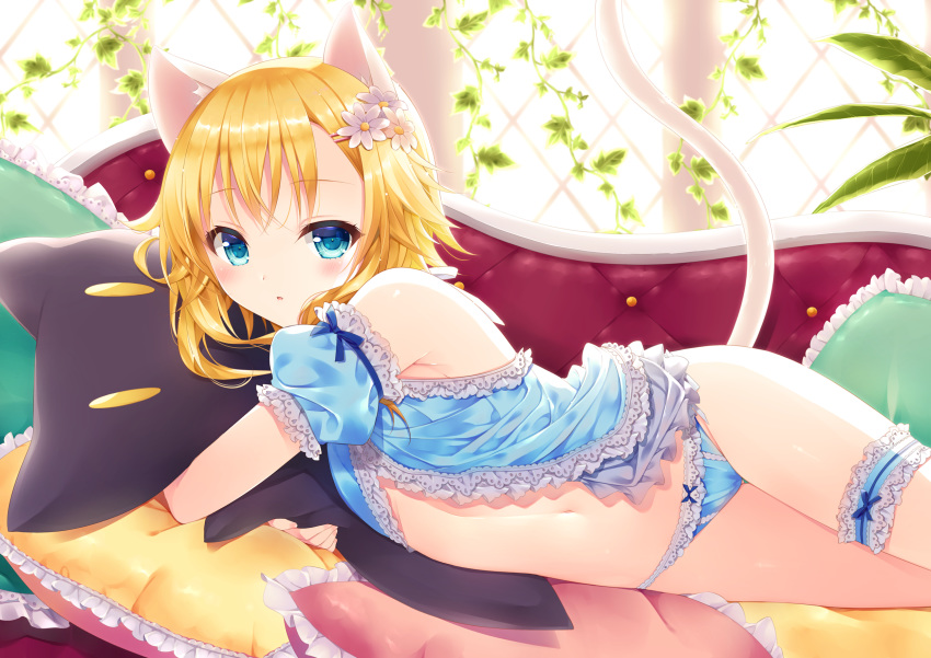 1girl animal_ear_fluff animal_ears bangs bare_shoulders blonde_hair blue_eyes blue_panties blue_sleeves blurry blurry_background bow bow_panties cat_ears cat_girl cat_tail commentary_request depth_of_field detached_sleeves eyebrows_visible_through_hair flower frilled_panties frilled_pillow frills hair_flower hair_ornament highres indoors leg_garter looking_at_viewer lying minatsuki_alumi navel object_hug on_side original panties parted_lips pillow puffy_short_sleeves puffy_sleeves short_sleeves solo stuffed_animal stuffed_cat stuffed_toy sunlight tail tail_raised underwear white_flower window