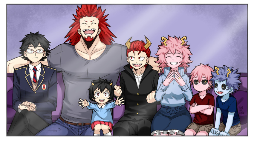 2girls 5boys black_hair black_sclera blue_hair blue_shirt blue_skin bnha-bitch boku_no_hero_academia facial_hair glasses goatee horns if_they_mated looking_at_viewer multiple_boys multiple_girls muscle older open_mouth pink_hair pink_skin red_eyes red_shirt redhead school_uniform sharp_teeth shirt siblings smile spiky_hair sweater teeth turtleneck turtleneck_sweater twins yellow_eyes