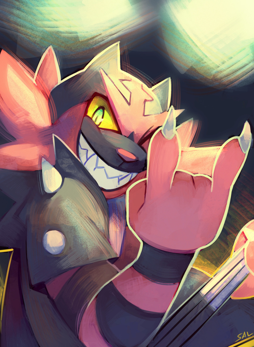 \n/ claws commentary creature english_commentary gen_7_pokemon grin highres incineroar looking_at_viewer multiple_sources no_humans pokemon pokemon_(creature) salanchu signature smile solo spikes starter_pokemon upper_body
