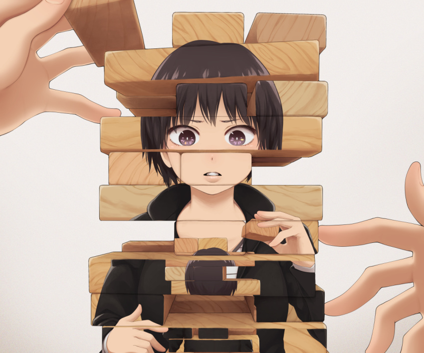 1girl black_hair black_hoodie commentary_request facing_away grey_background holding jenga long_sleeves looking_at_viewer original out_of_frame parted_lips pov pov_hands short_hair surreal upper_body violet_eyes yajirushi_(chanoma)