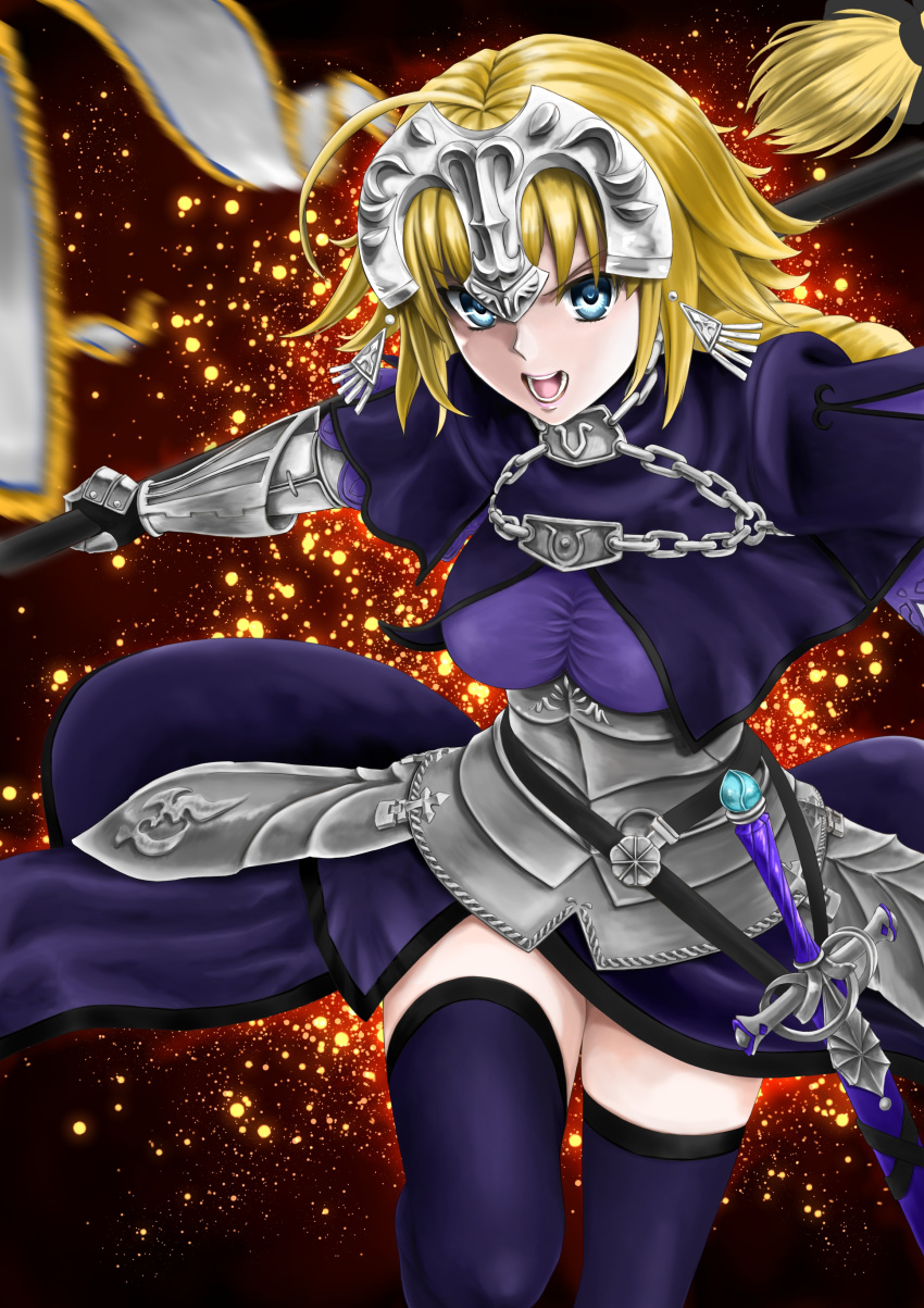 1girl absurdres banner blonde_hair blue_dress blue_eyes blue_legwear bosutonii braid braided_ponytail breasts chain collar cropped_legs dress eyebrows_visible_through_hair fate/grand_order fate_(series) faulds fiery_background fire flag furrowed_eyebrows gauntlets headpiece highres holding holding_flag jeanne_d'arc_(fate) jeanne_d'arc_(fate)_(all) long_hair looking_at_viewer medium_breasts metal_collar open_mouth plackart red_background scabbard sheath sheathed solo standing standing_on_one_leg sword teeth thigh-highs very_long_hair weapon