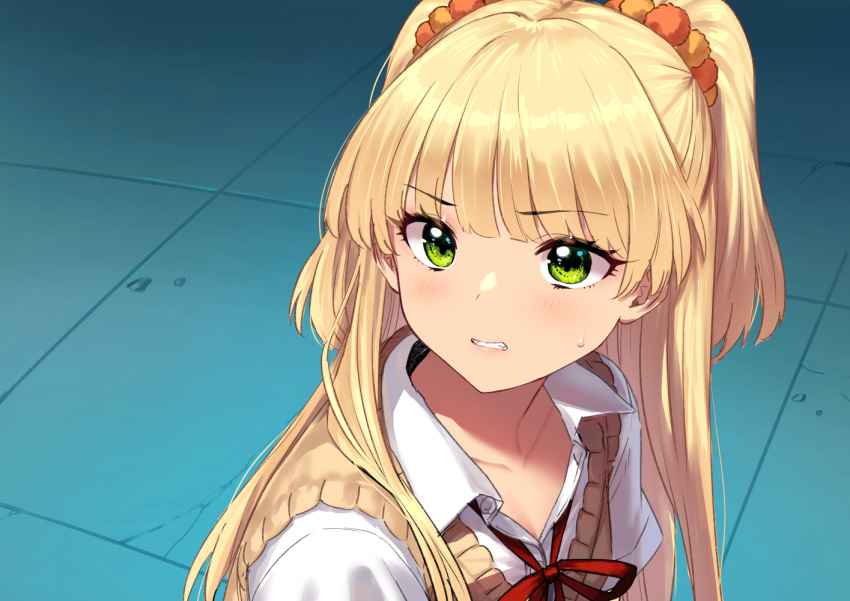 1girl blonde_hair blue_background blush brown_vest clenched_teeth collared_shirt derivative_work eyebrows_visible_through_hair eyelashes from_side green_eyes hair_ornament hair_scrunchie idolmaster idolmaster_cinderella_girls jougasaki_rika long_hair looking_at_viewer neck_ribbon parody red_neckwear red_ribbon ribbon sailor_moon_redraw_challenge screencap_redraw scrunchie shirt solo sweatdrop sweater_vest teeth two_side_up upper_body vest white_shirt wing_collar yapo_(croquis_side)