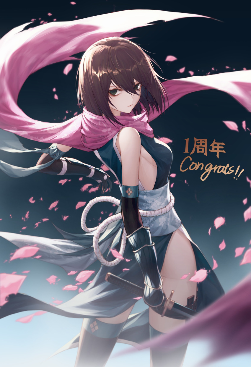 1girl absurdres black_kimono black_legwear black_sleeves blurry_foreground breasts brown_hair cherry_blossoms detached_sleeves floating_hair from_behind gradient gradient_background green_eyes grey_background highres holding holding_sword holding_weapon japanese_clothes katana kimono long_sleeves looking_at_viewer looking_back medium_breasts ninja pink_scarf romancing_saga saga scarf sheath sheathed shiny shiny_hair short_hair sideboob sleeveless sleeveless_kimono solo standing sword thigh-highs thigh_strap und0 weapon