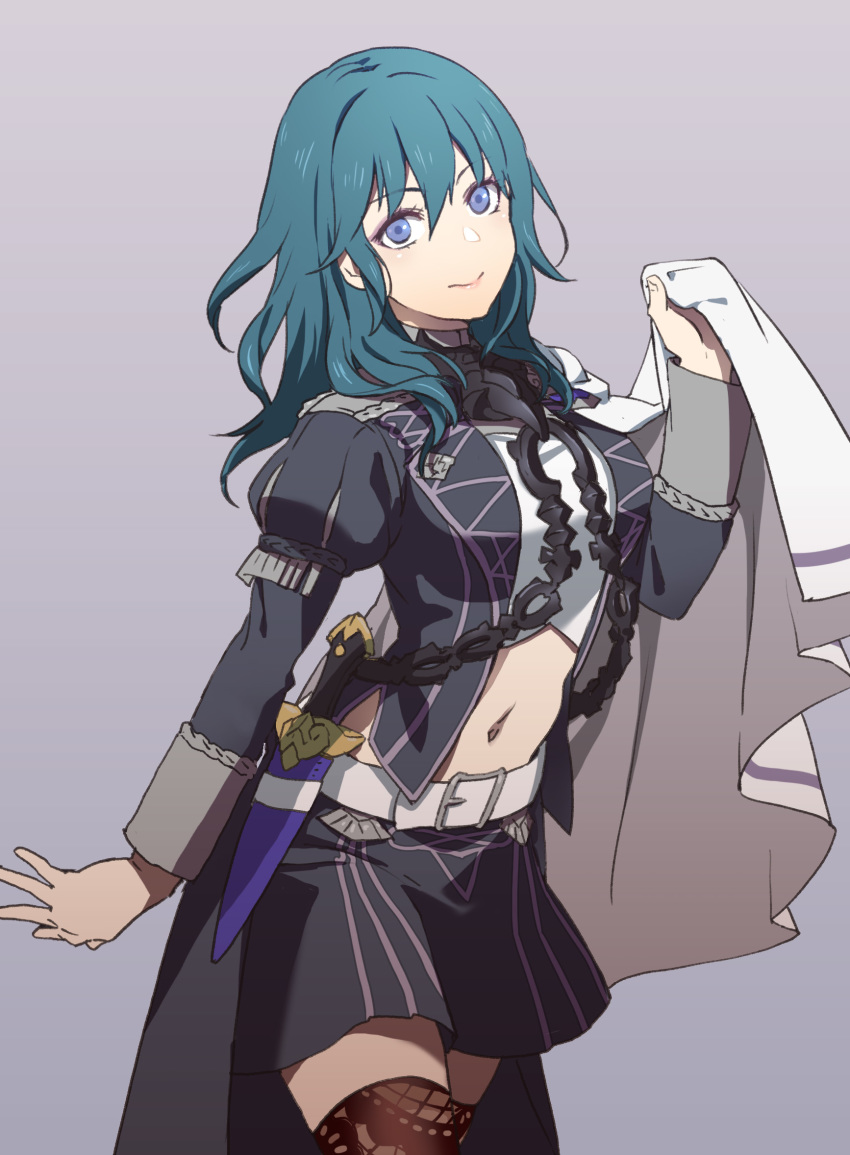 1girl armor asao_(vc) belt belt_buckle black_skirt blue_eyes blue_hair buckle byleth_(fire_emblem) byleth_eisner_(female) cape closed_mouth commentary_request dagger fire_emblem fire_emblem:_three_houses grey_background highres long_hair long_sleeves midriff miniskirt navel navel_cutout sheath sheathed simple_background skirt smile solo thigh-highs weapon